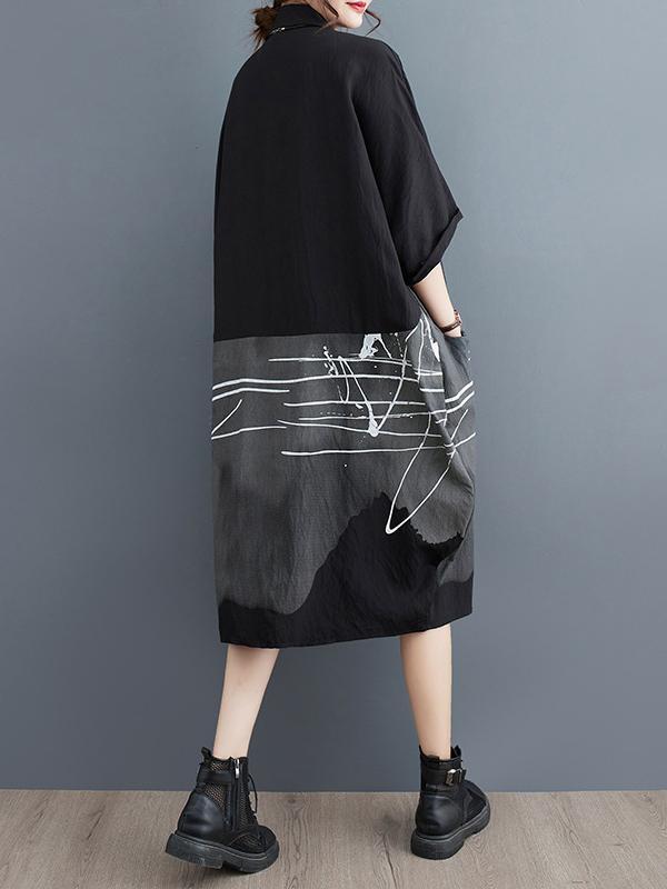 Half Sleeves Loose Printed Lapel Midi Dresses Product Image