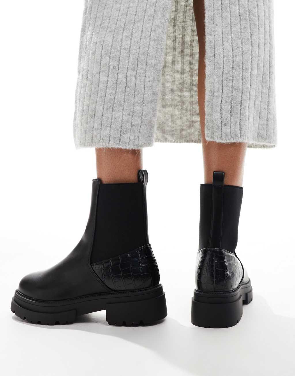 SEQWL Wide Fit ankle boots with croc detail in black Product Image