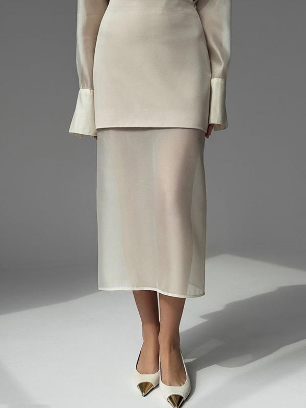 Loose Solid Color See-Through Long Sleeves Lapel Blouse + Skirt Two Pieces Set Product Image