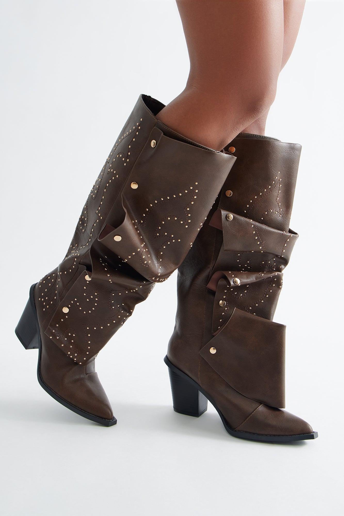 Armor Studded Knee High Boots - Brown Female Product Image