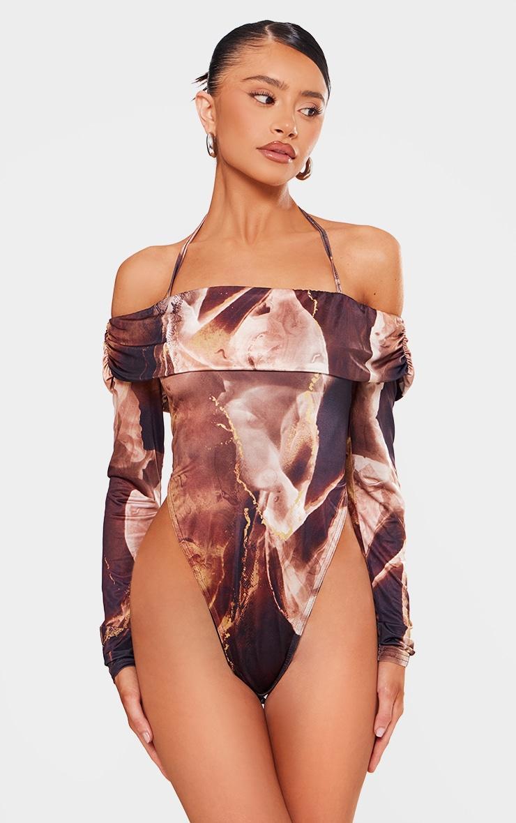 Petite Brown Slinky Bardot High Cut Bodysuit Product Image