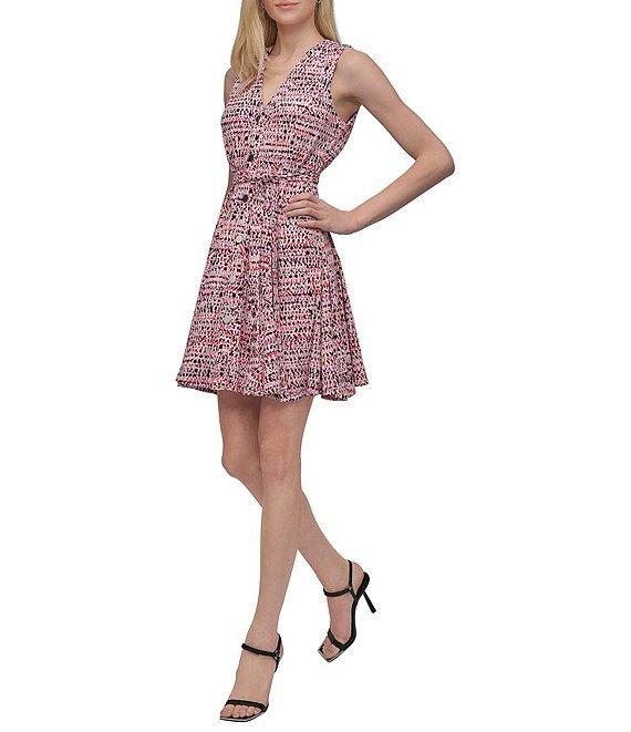 DKNY by Donna Karan Jersey V-Neck Sleeveless Button Front Fit And Flare Dress Product Image
