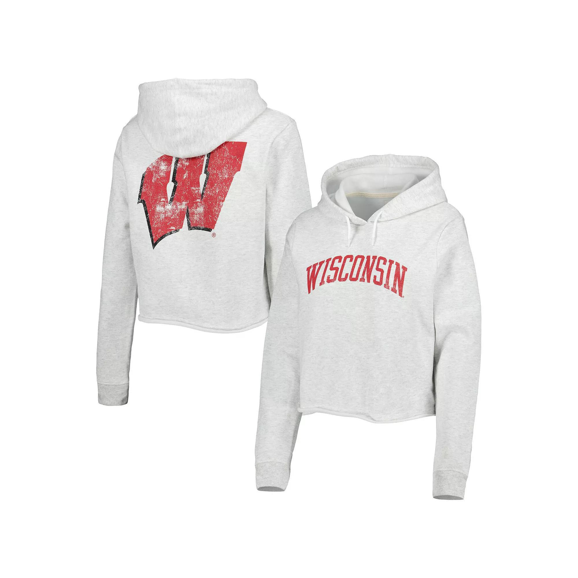 Women's League Collegiate Wear Ash Wisconsin Badgers 2-Hit 1636 Cropped Pullover Hoodie,  Product Image