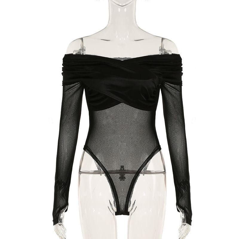 Long-Sleeve Off Shoulder Sheer Bodysuit Top Product Image