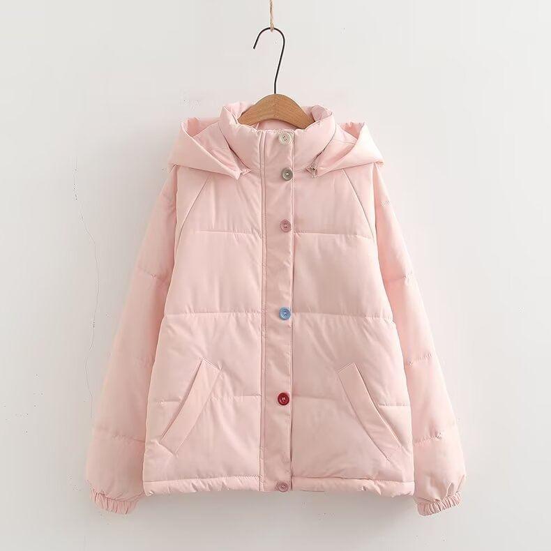 Hooded Stand Collar Button Up Puffer Jacket Product Image