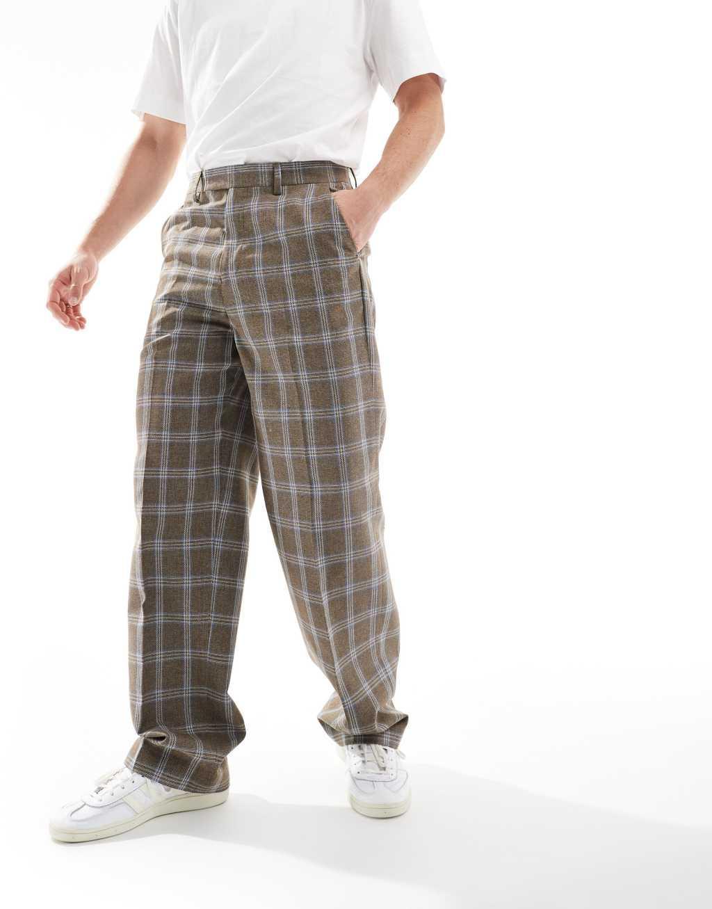 ASOS DESIGN smart wide leg plaid pants in brown Product Image