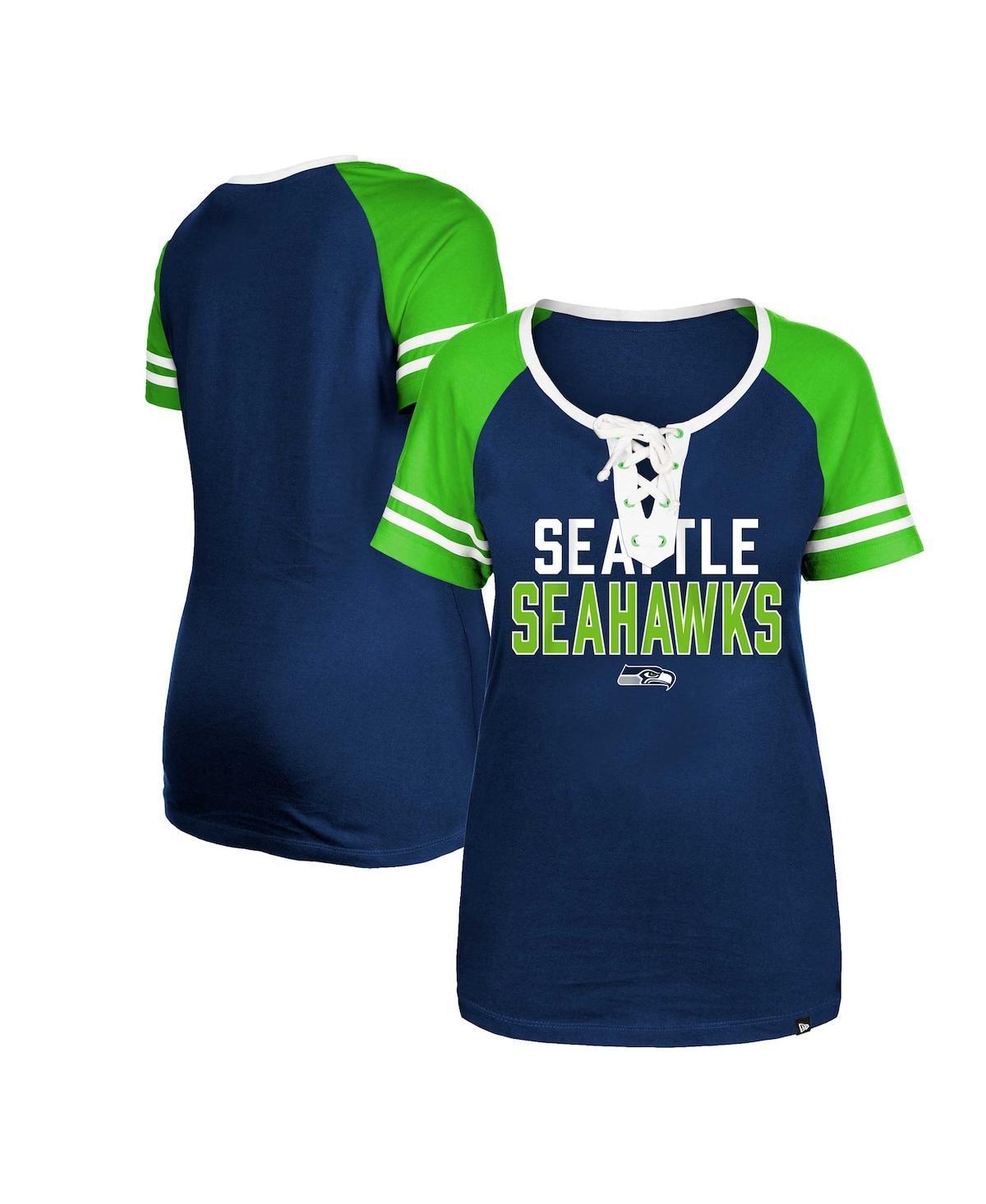 Womens New Era Royal Seattle Seahawks Throwback Raglan Lace-Up T-Shirt Product Image