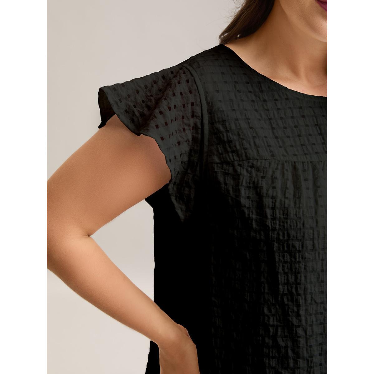 Plus Size Black Textured Sheer Lined Flutter Sleeve Blouse Women Leisure Cap Sleeve Round Neck Casual Blouses BloomChic 30/6X Product Image