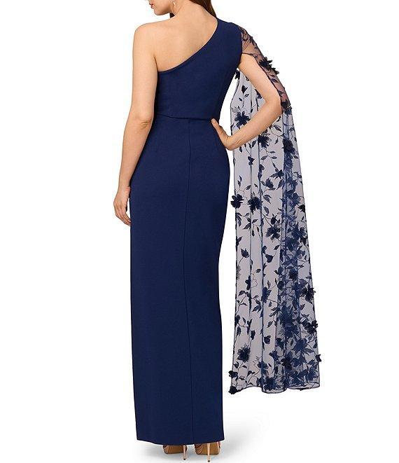 Adrianna Papell Crepe One Shoulder Embroidered Cape Gown Product Image
