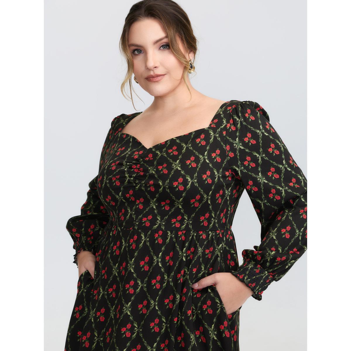 Plus Size Floral Print Square Neck Ruched Midi Dress BlackFlower Women Timeless Gathered Heart neckline Long Sleeve Curvy BloomChic 10/M Product Image