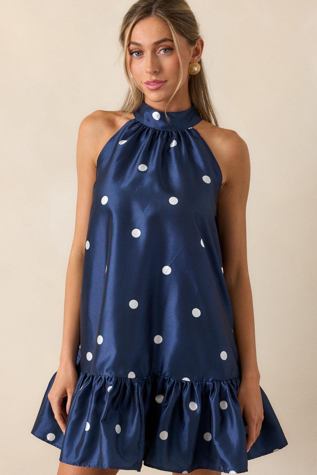 Sweet Soirée Navy Halter Polka Dot Mini Dress Product Image