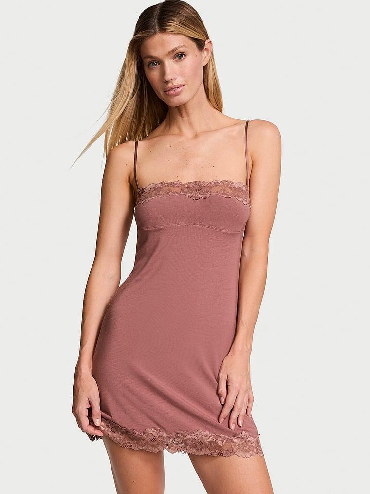 Modal Soft & Lace Trim Straight-Neck Slip Dress Product Image