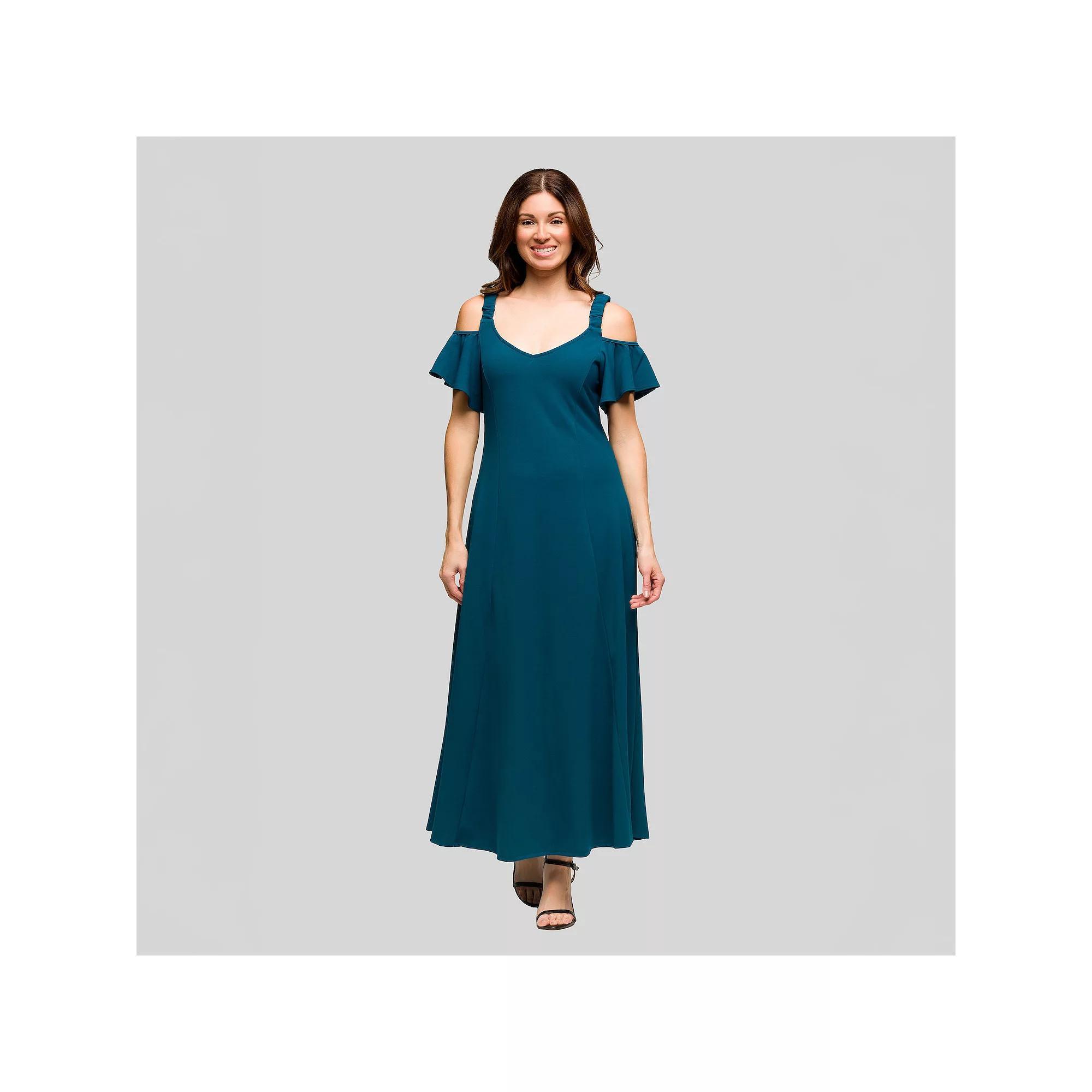 Women's 24Seven Comfort Apparel Cold Shoulder Ruffle Sleeve A-Line Maxi Dress,  Product Image