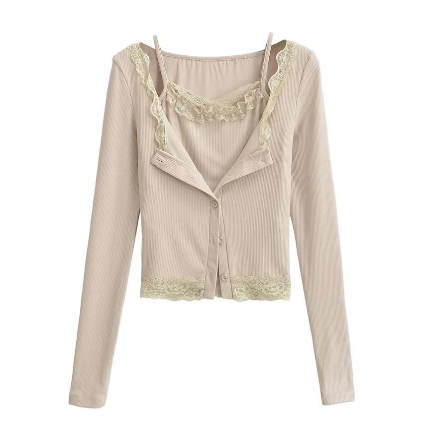 Set: Lace Trim Cami Top + Button-Up Cardigan Product Image