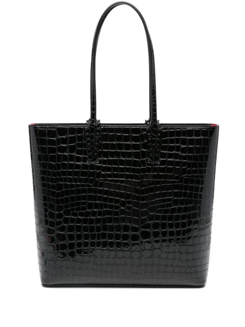 CHRISTIAN LOUBOUTIN Cabata Spiked Croc-effect Glossed-leather Tote In Black Product Image