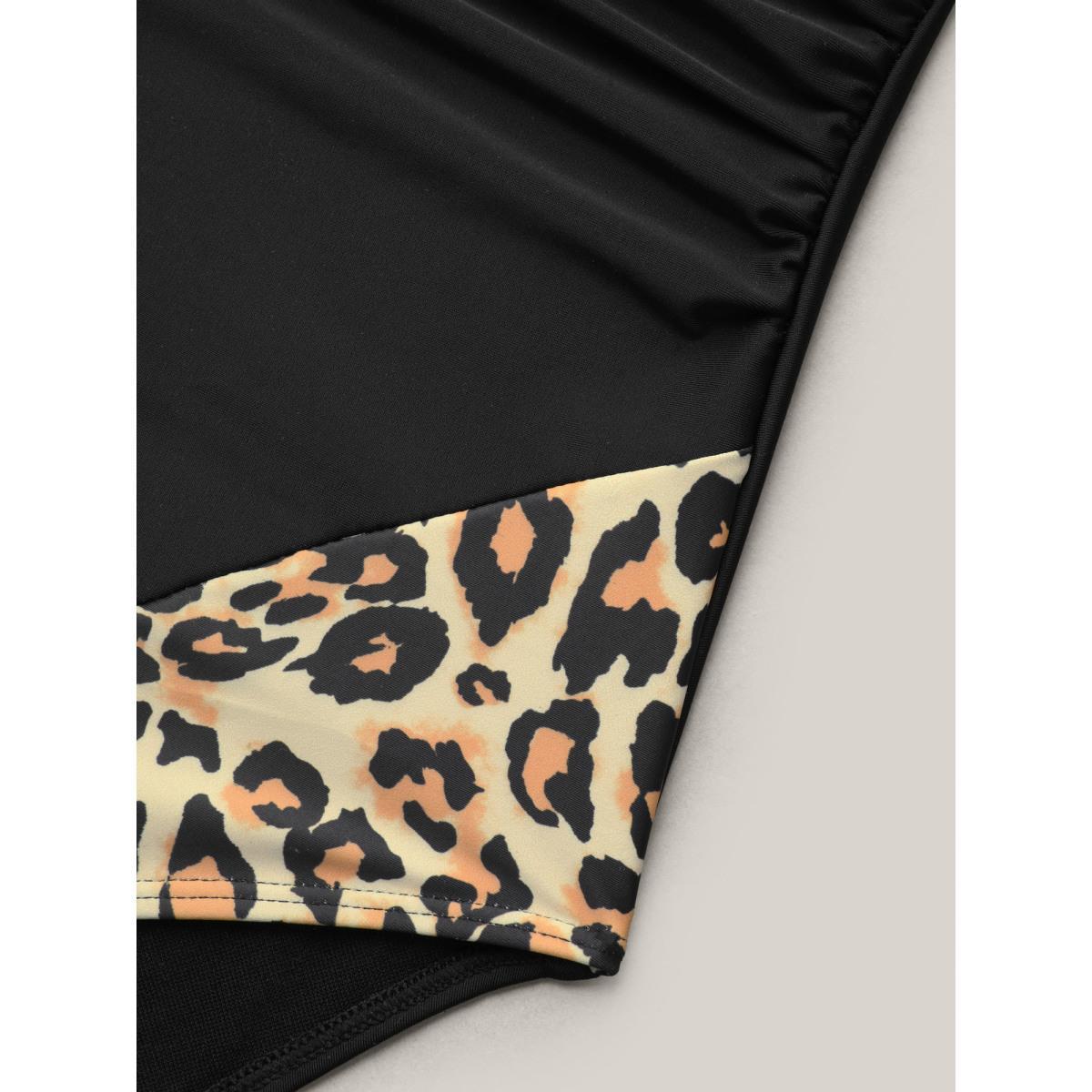 Plus Size Ruched Leopard Contrast One-Piece Swimsuit Women's Swimwear Black Beach Gathered Curve Bathing Suits High stretch One Pieces BloomChic 22-24/3X Product Image