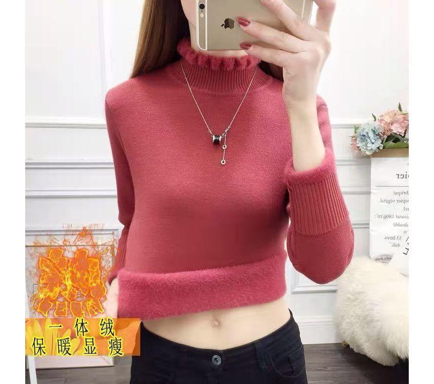 Mock Neck Plain Fluffy Trim Fleece-Lined Sweater Product Image