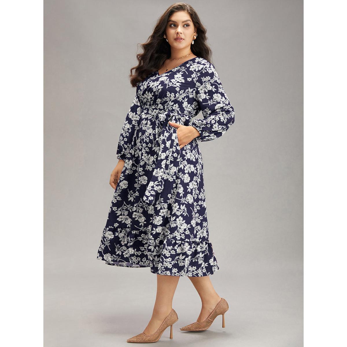 Plus Size Floral Print Elastic Cuffs Ruffle Hem Dress DarkBlue Women Elegant Elastic cuffs V-neck Long Sleeve Curvy Midi Dress BloomChic 10/M Product Image