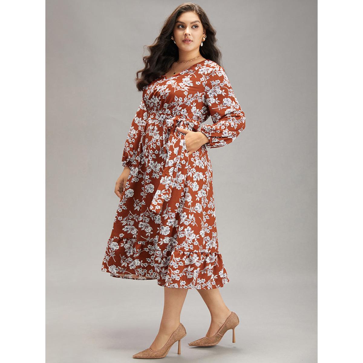 Plus Size Floral Print Elastic Cuffs Ruffle Hem Dress Rust Women Elegant Elastic cuffs V-neck Long Sleeve Curvy Midi Dress BloomChic 14-16/1X Product Image