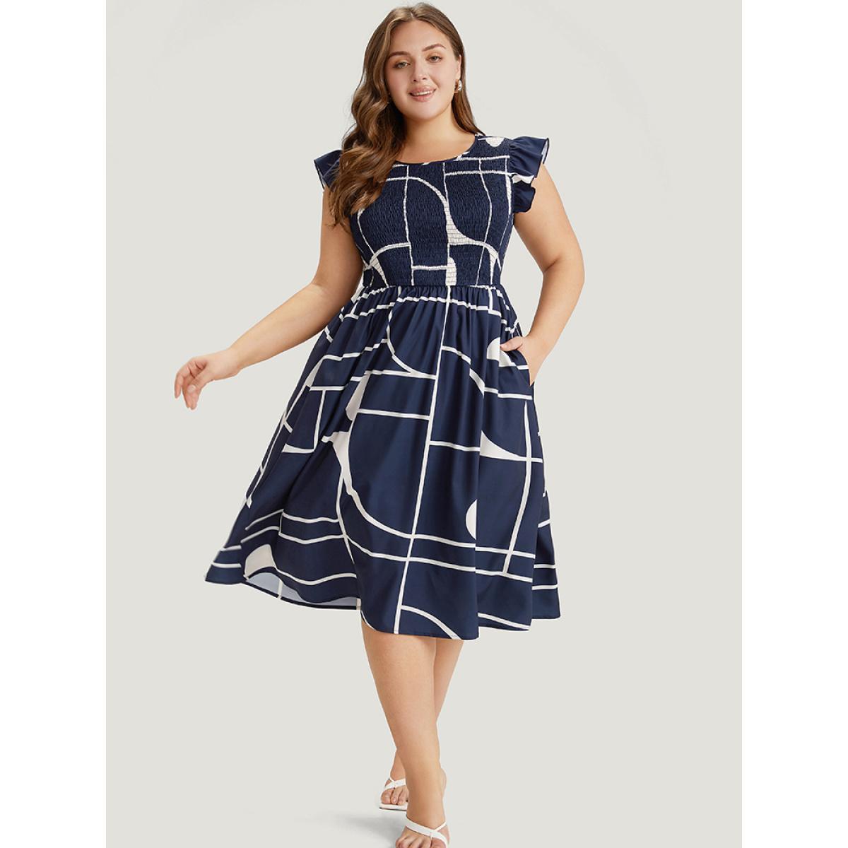 Plus Size Geometric Pocket Flutter Sleeve Shirred Dress Navy Women Office Pocket Round Neck Cap Sleeve Curvy Midi Dress BloomChic 28/5X Product Image