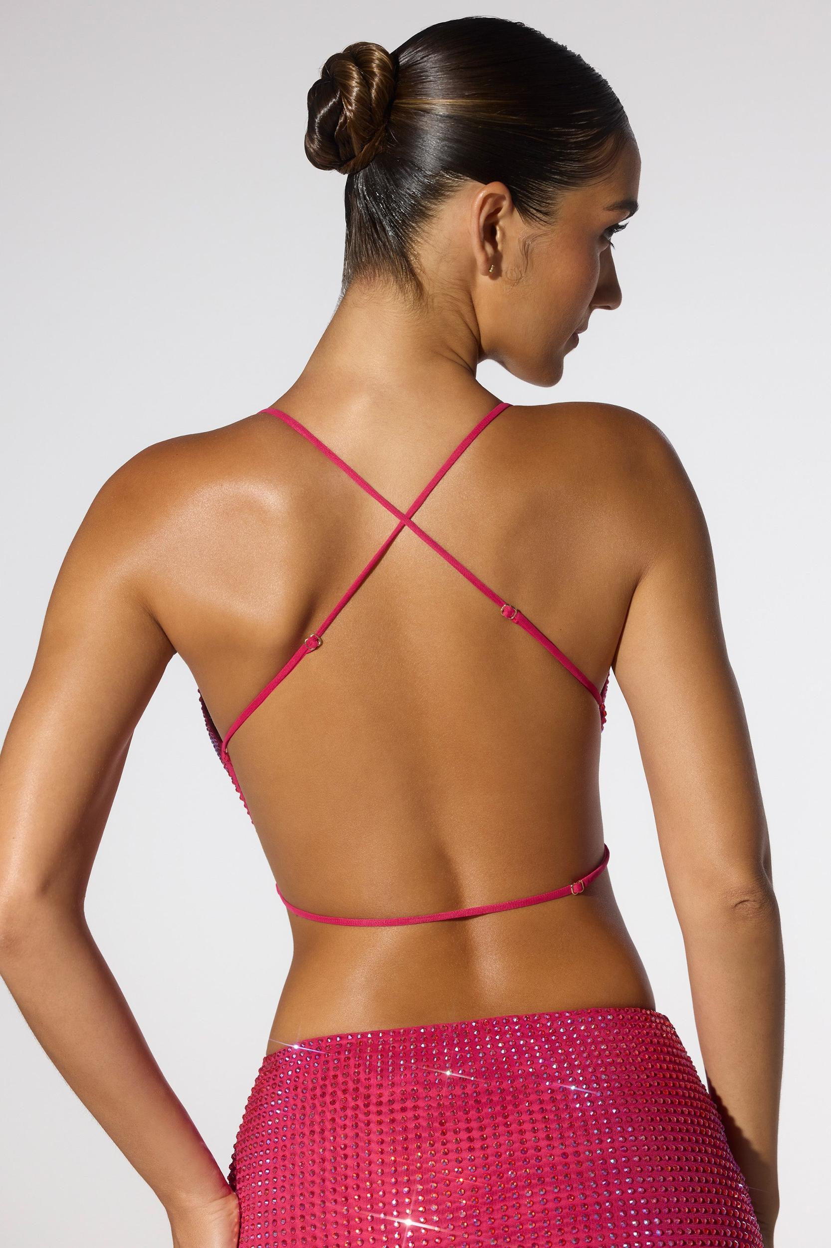 Embellished Cowl Neck Open Back Crop Top in Hot Pink Product Image