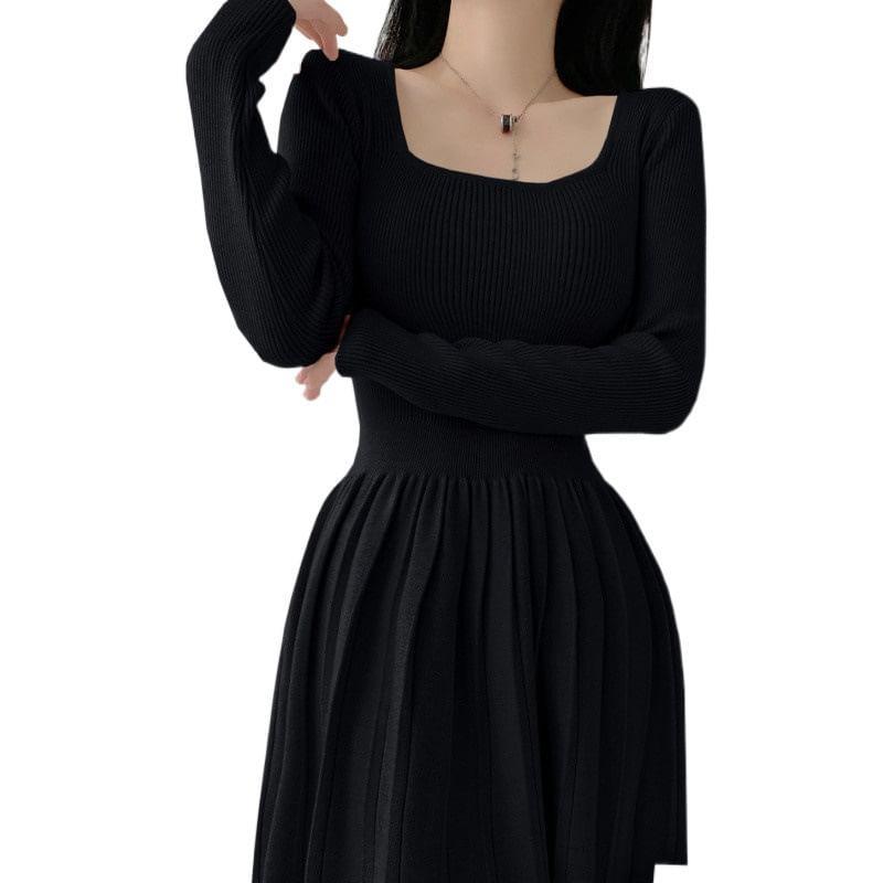 Long-Sleeve Square Neck Accordion Pleated Mini A-Line Knit Dress Product Image