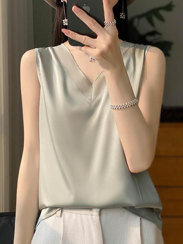 Loose Sleeveless Solid Color V-Neck Vest Top Product Image