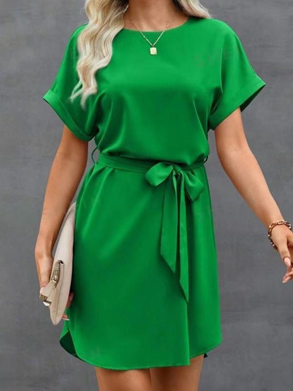 Loose Short Sleeves Solid Color Tied Waist Round-Neck Mini Dresses Product Image