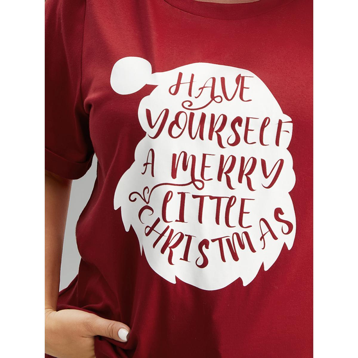 Plus Size Christmas Print Round Neck Roll Sleeve T-shirt Raspberry Women Casual Printed Christmas Festival-Christmas T-shirts BloomChic 28/5X Product Image
