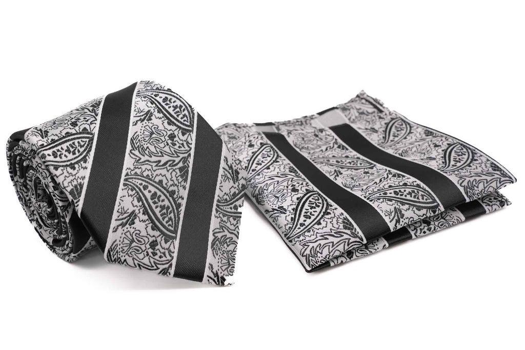 Black White Paisley Pattern Stripe Men's Tie and Pocket Square Set Product Image