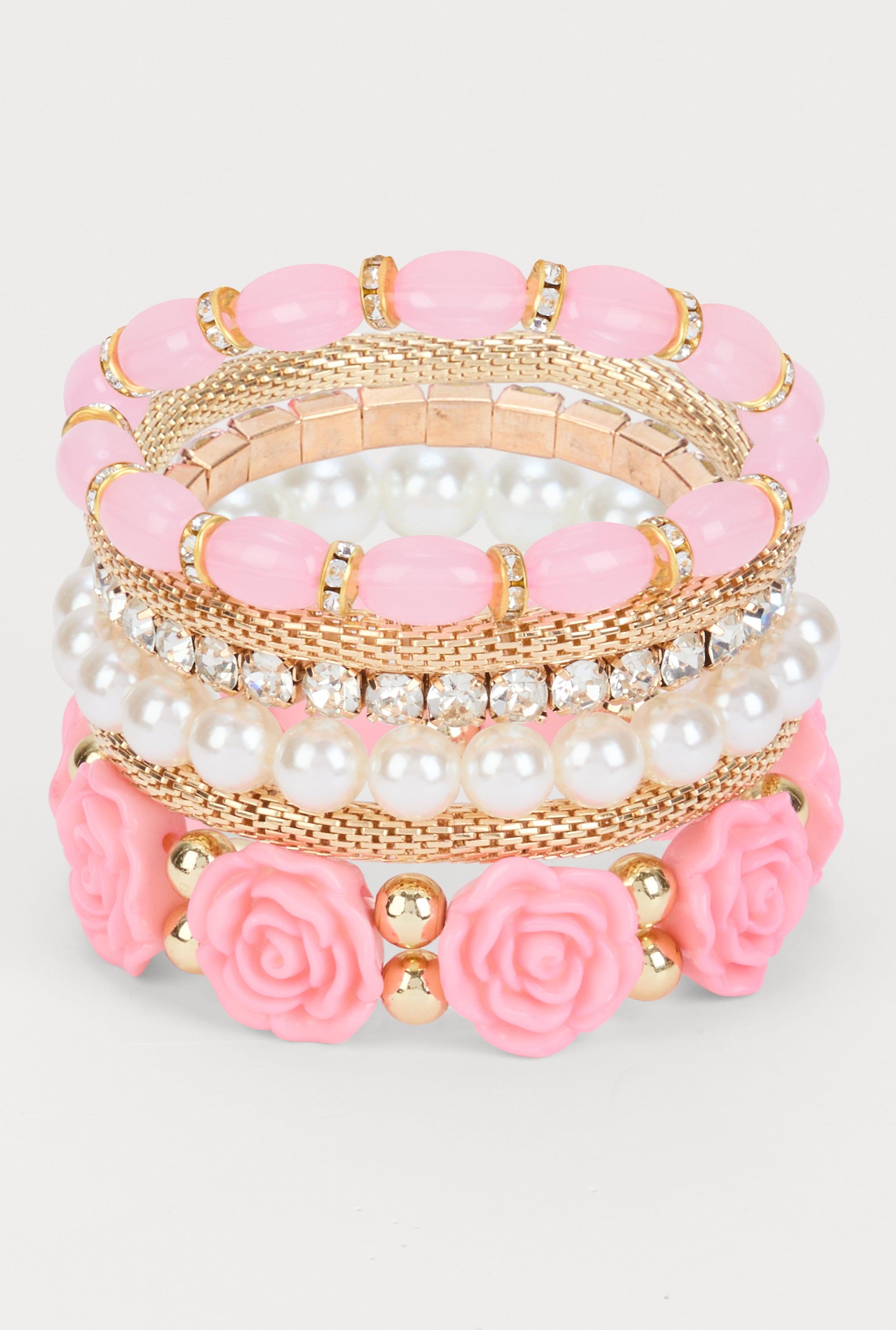 Womens Plus Size Floral Beaded Faux Pearl Stretch Bracelets Set of 6 Product Image