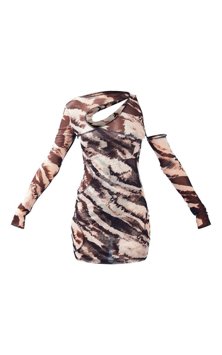 Brown Tie Dye Mesh Double Layer Cut Out Bodycon Dress Product Image