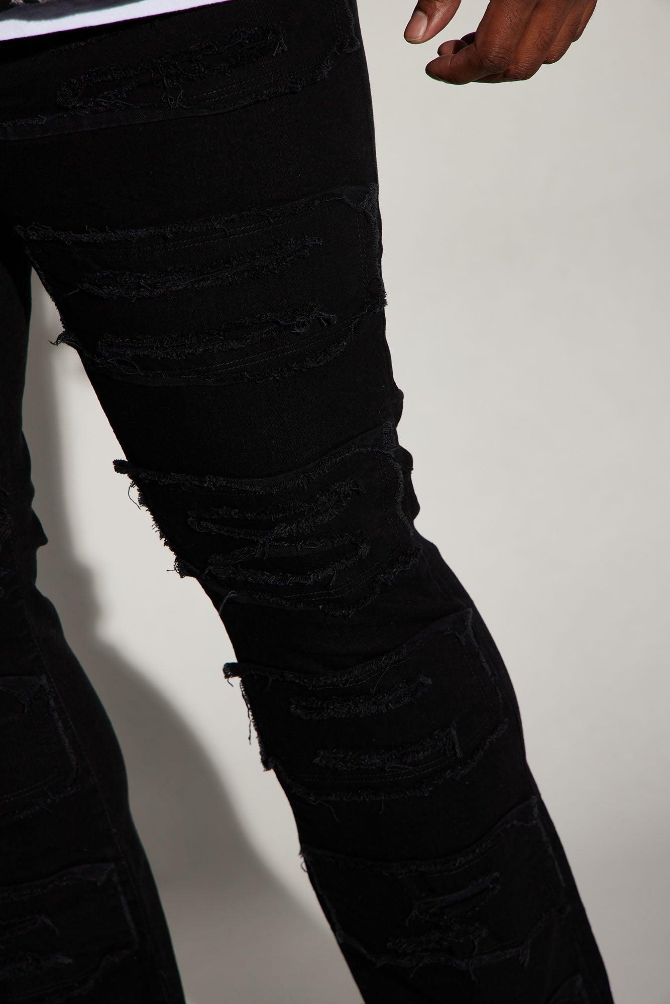 Patch Ripped Stacked Skinny Flare Jeans - Black Product Image