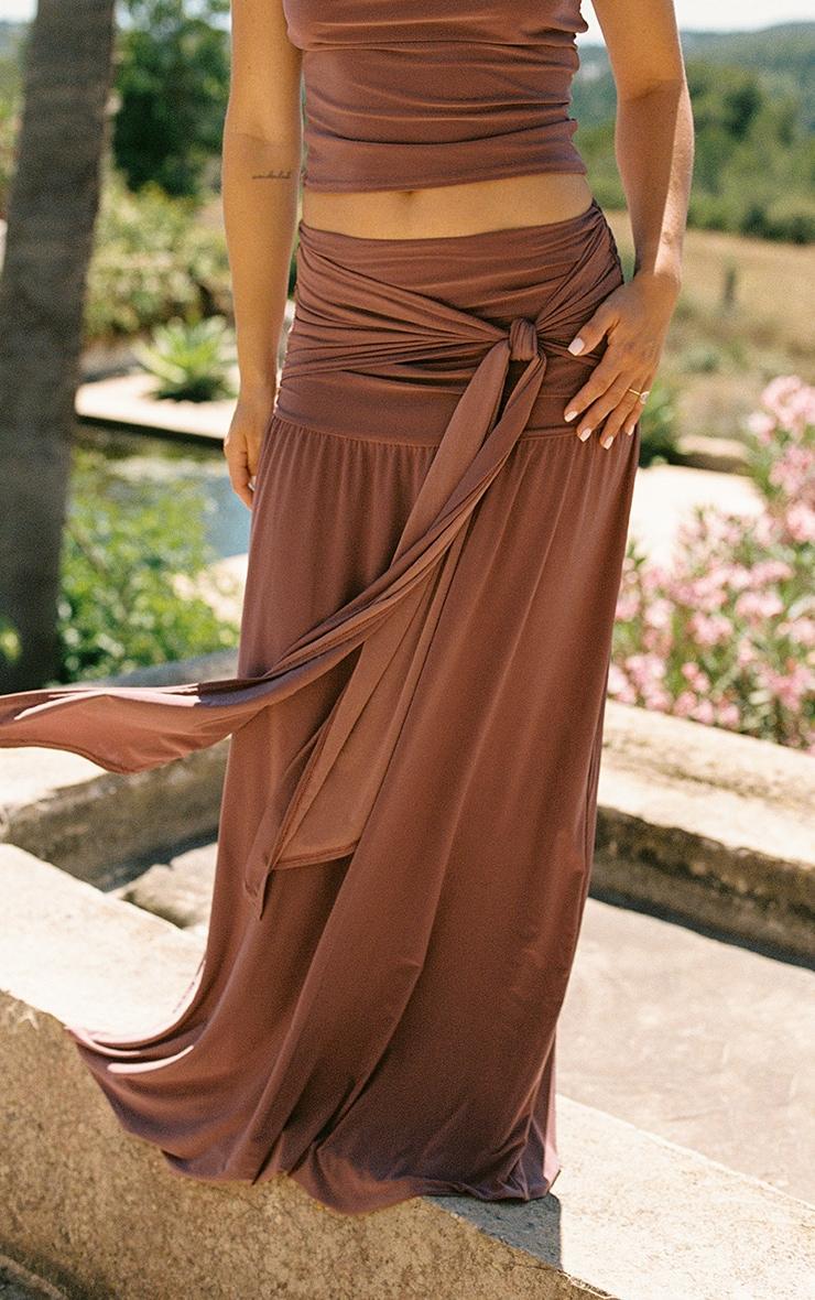  Mauve Double Layer Slinky Knot Drape Maxi Skirt Product Image