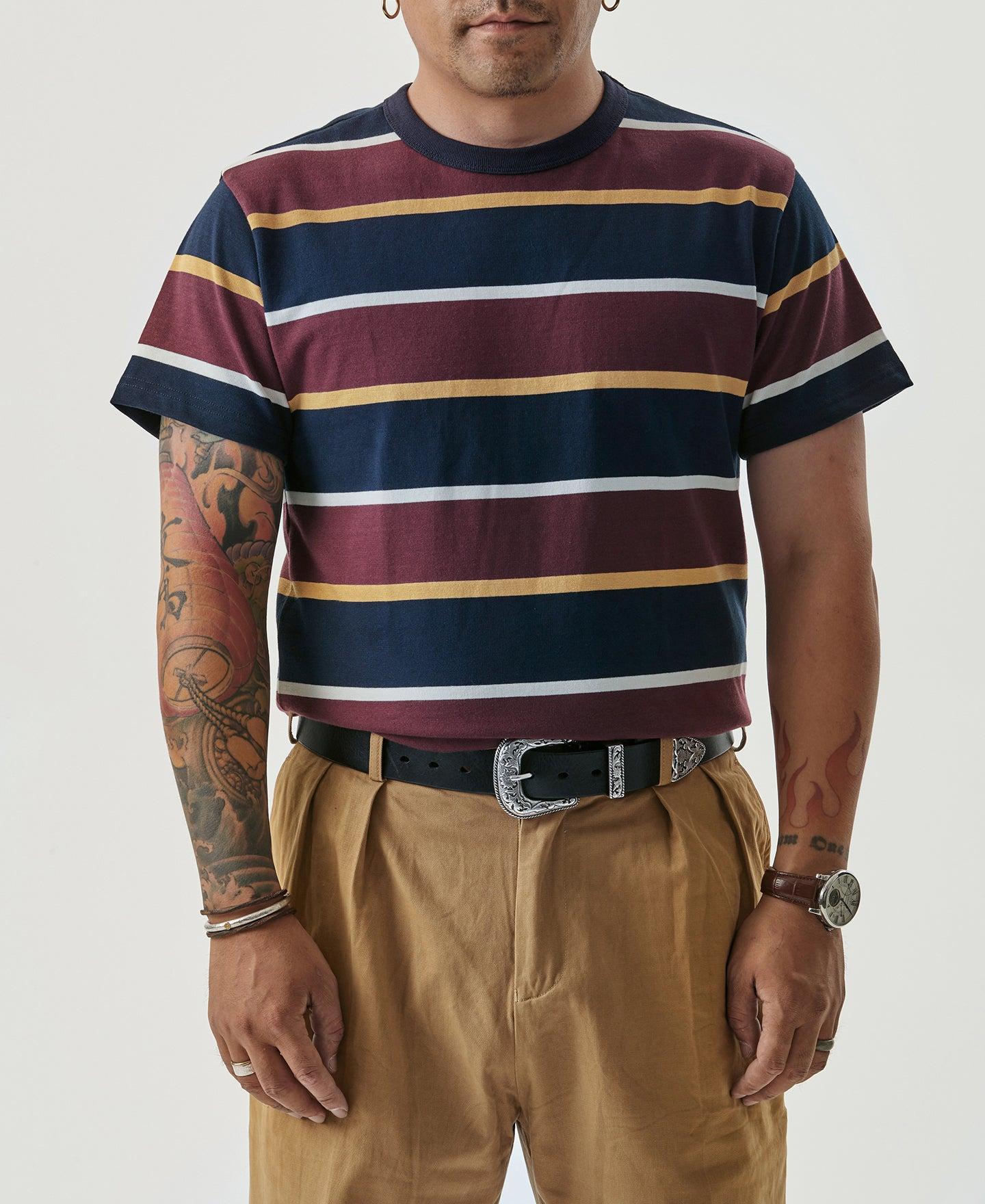 9.8 oz IVY Style Striped T-Shirt - Burgundy Red/Navy Product Image