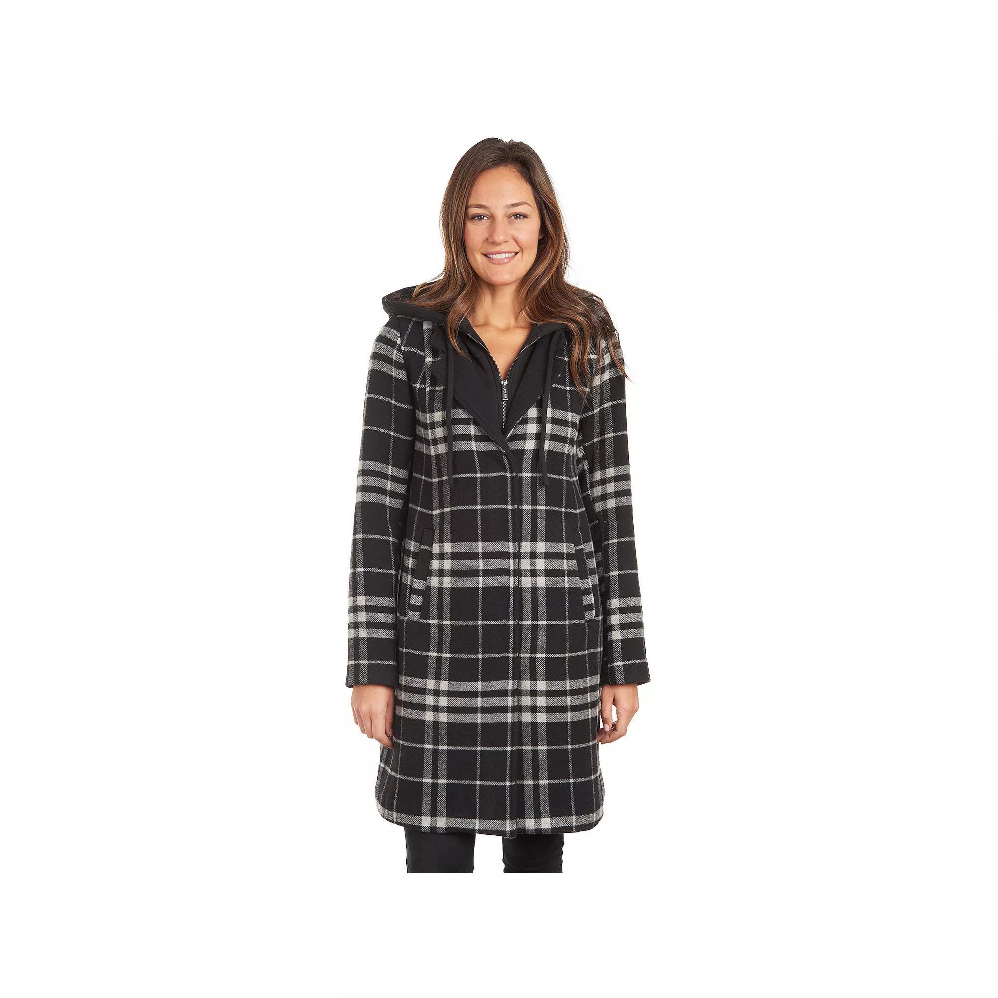 Women's Fleet Street Wool Blend Walker Coat with Inner Hooded Bib, Size: Small, Black White Product Image