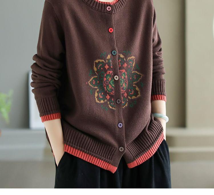 Round Neck Mandala Patterned Mock Two Piece Cardigan Product Image