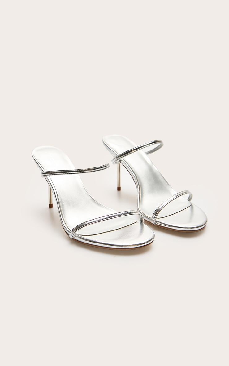 Silver Wide Fit Pu Round Toe Strappy Stiletto Heeled Mules Product Image