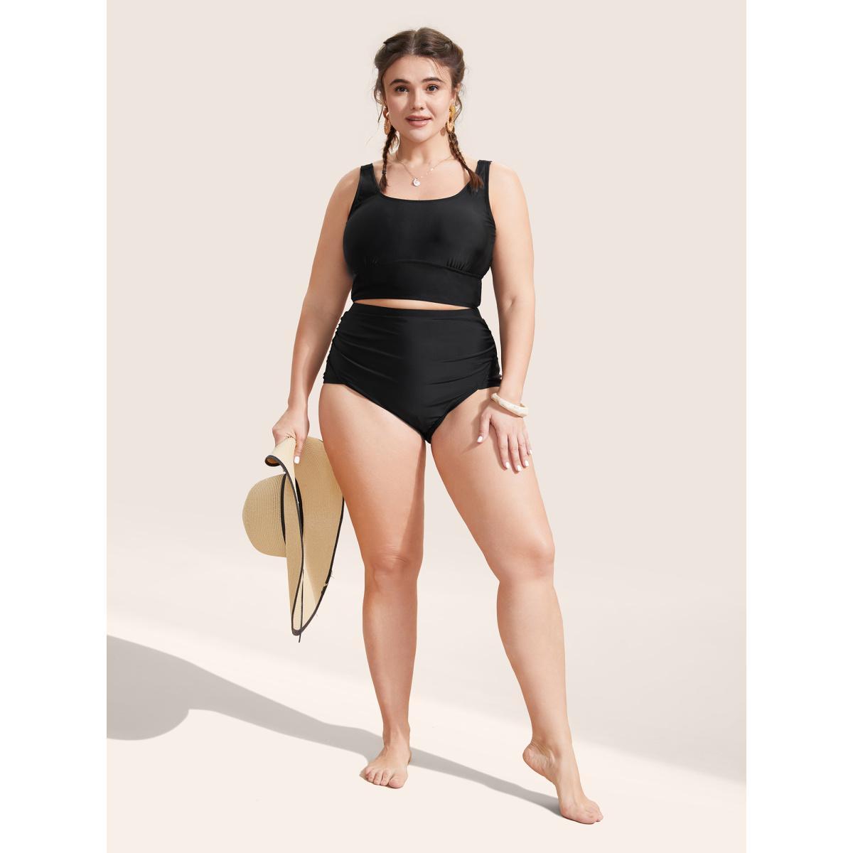 Plus Size Solid Square Neck Adjustable Straps Swim Top Women's Swimwear Black Resort High stretch Skinny U-neck Curve Swim Tops BloomChic 30/6X Product Image