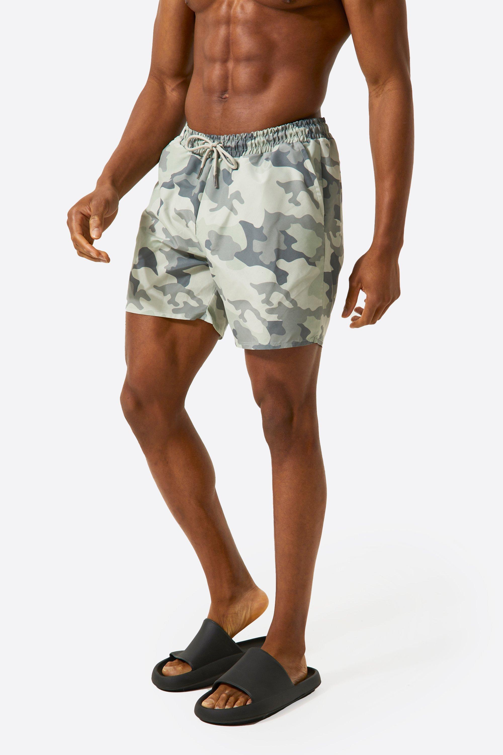 Mens Multi Camo Mid Length Swim Shorts, Multi Product Image