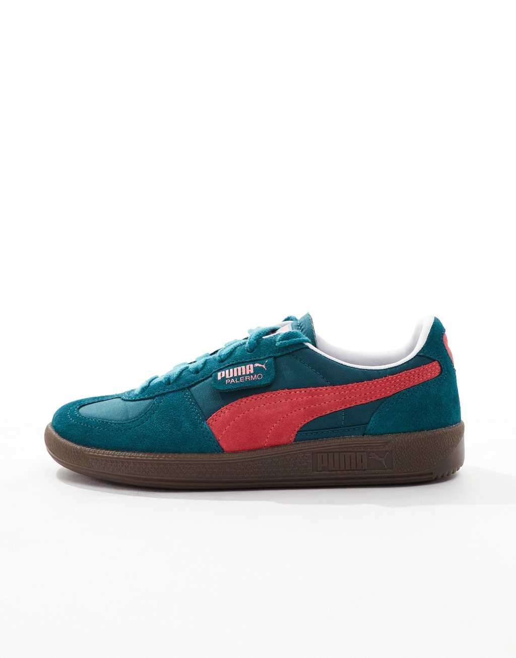 PUMA Palermo Play Paris sneakers with gum sole in green and pink Product Image