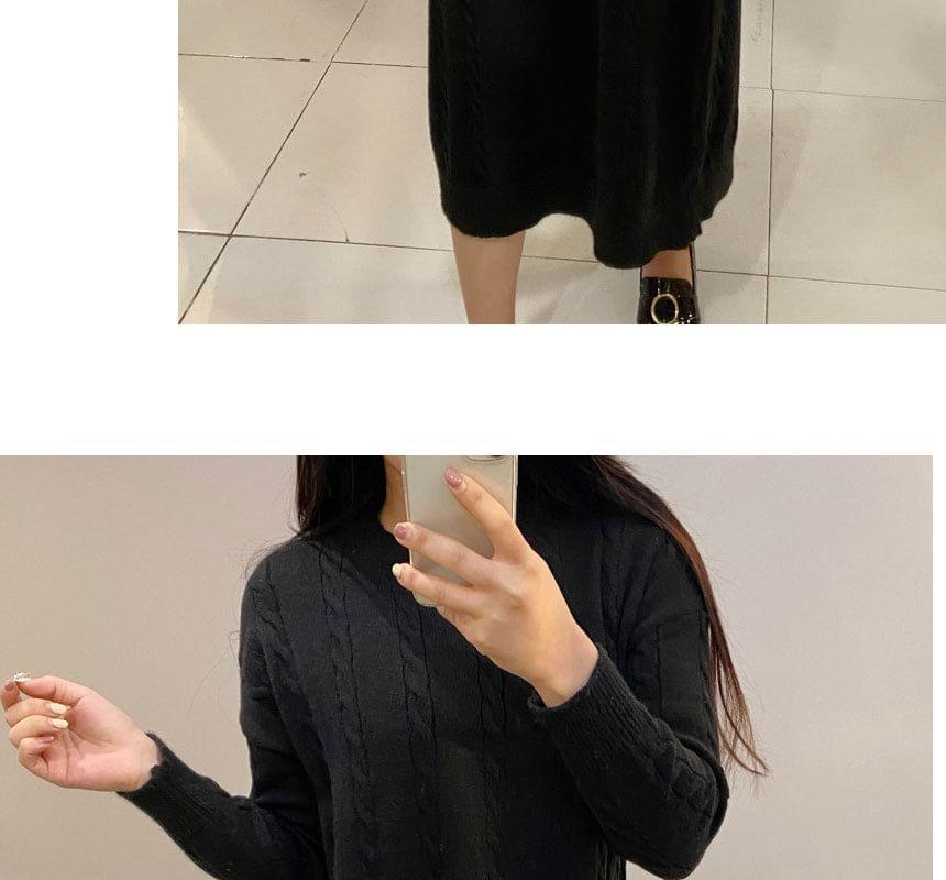 Long Sleeve Mock Neck Plain Cable Knit Midi Sweater Dress Product Image