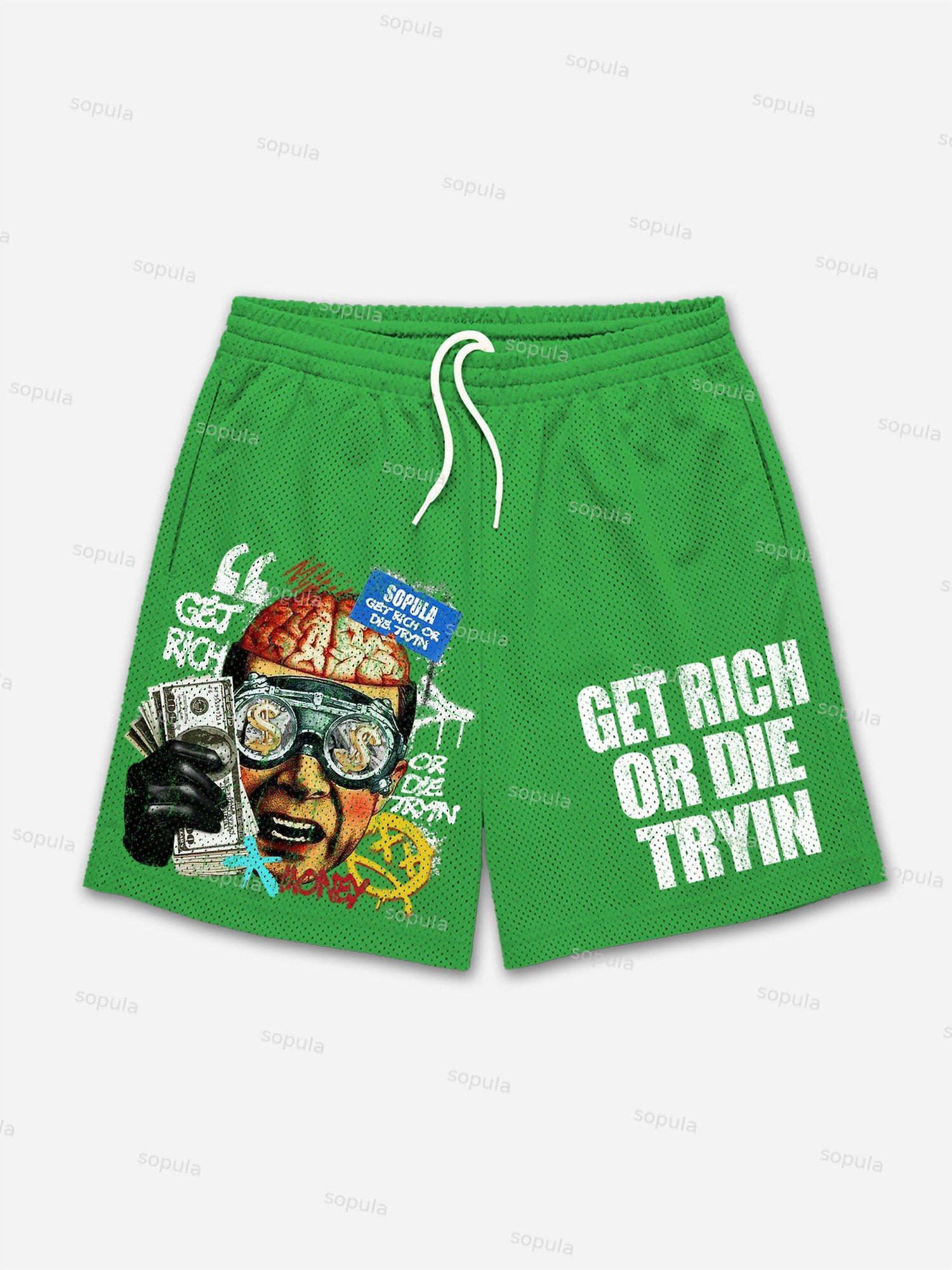 Vintage Get Rich Money Portrait Print Mesh Shorts Product Image