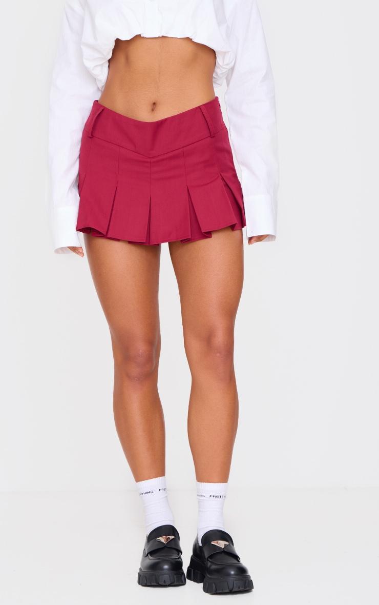 Burgundy Dip Waist Tailored Woven Pleated Mini Skort Product Image