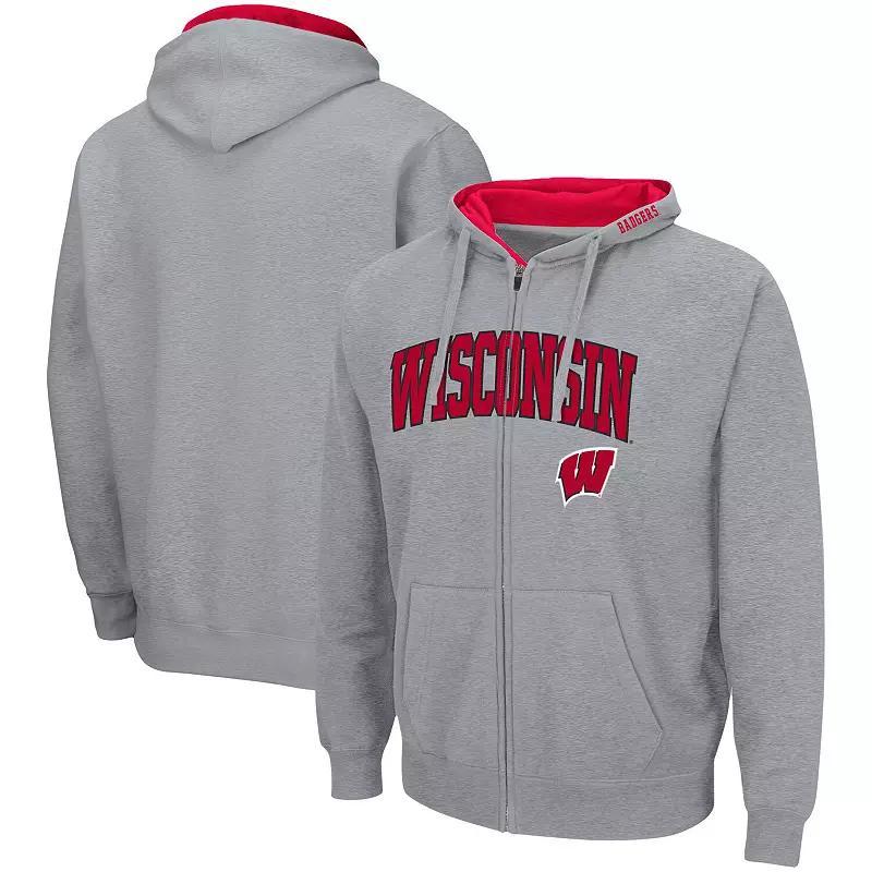 Men's Colosseum Heathered Gray Wisconsin Badgers Arch & Logo 3.0 Full-Zip Hoodie, Size: Large, Grey Product Image