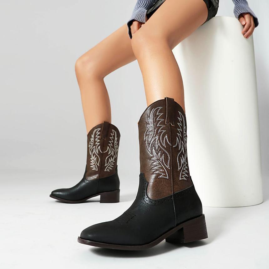 Block Heel Embroidered Mid Calf Boots Product Image