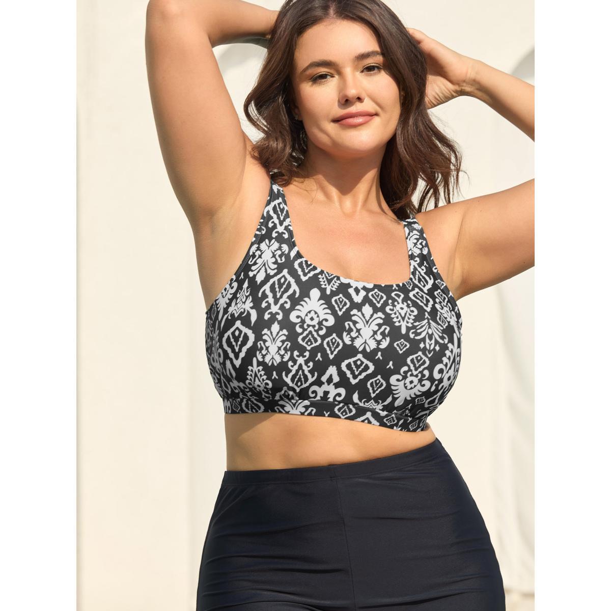 Plus Size Two-Piece Boho Print Swim Top Women's Swimwear DarkGreen Resort Cut-Out High stretch Bodycon U-neck Curve Swim Tops BloomChic 28/5X Product Image