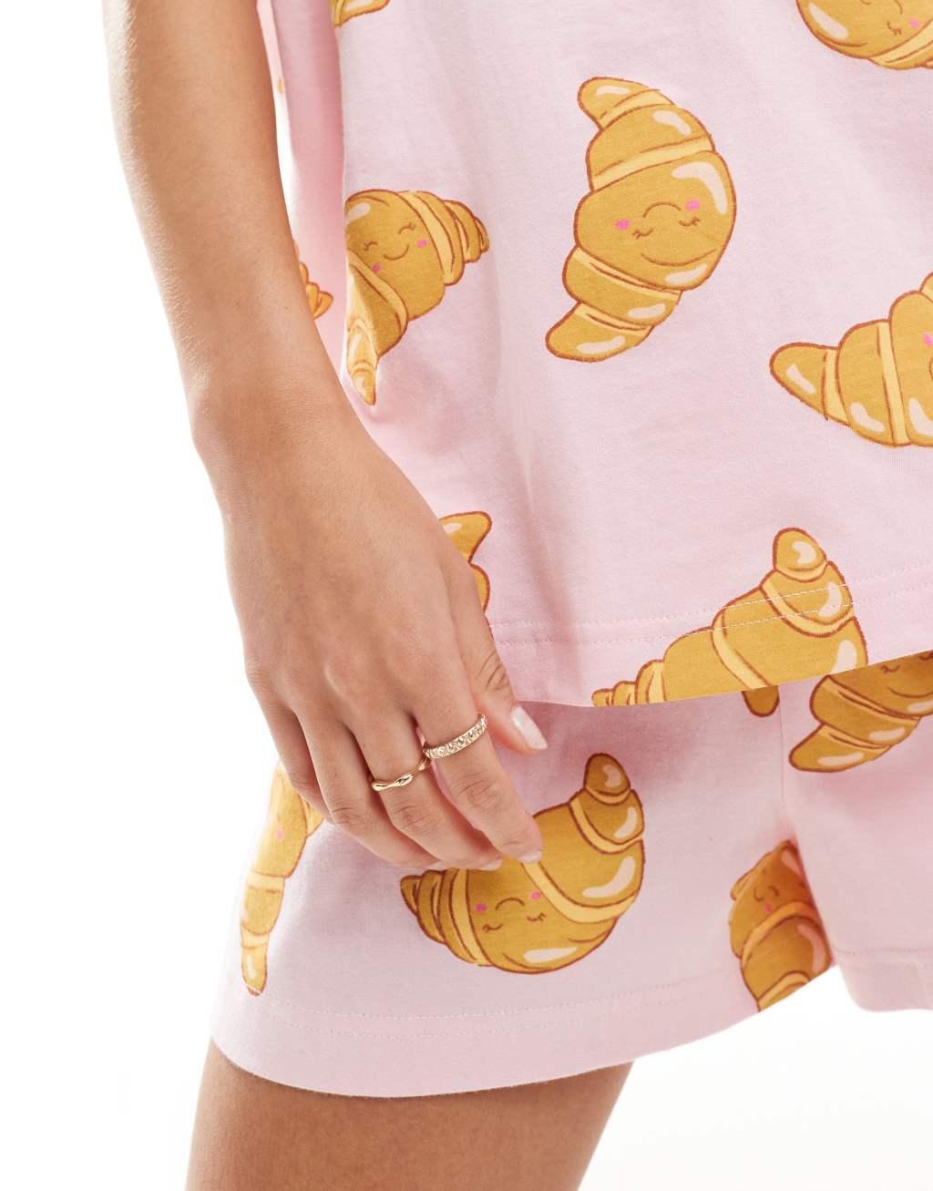 ASOS DESIGN croissant oversized tee & shorts pajama set in pink Product Image