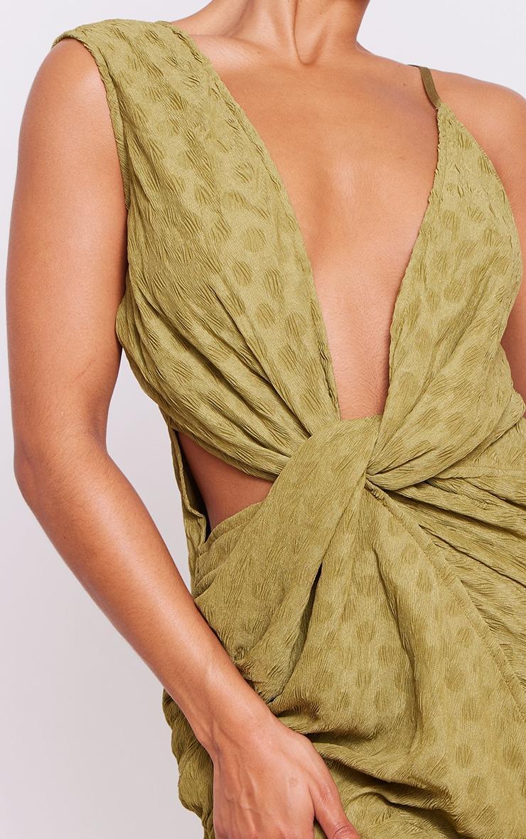 Olive Textured Plunge Knot Detail Bodycon Dress Product Image