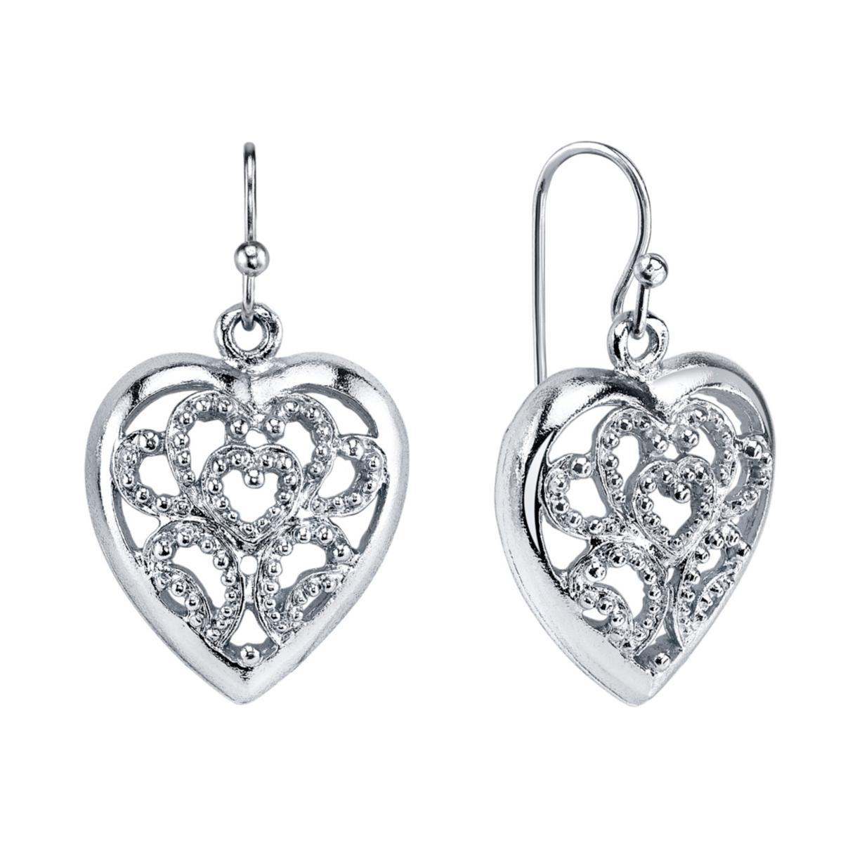 1928 Openwork Heart Drop Earrings, Womens, Silver Tone Product Image